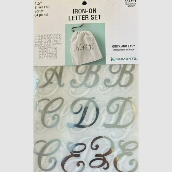 Momenta Iron-On Letter Set Silver Foil Script 1.5" Letter 64-Pc Wearable Crafts - Picture 1 of 3